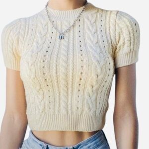 Intimately Free People Cream Beige Crop Cable Knit Sweater Short Sleeve Medium